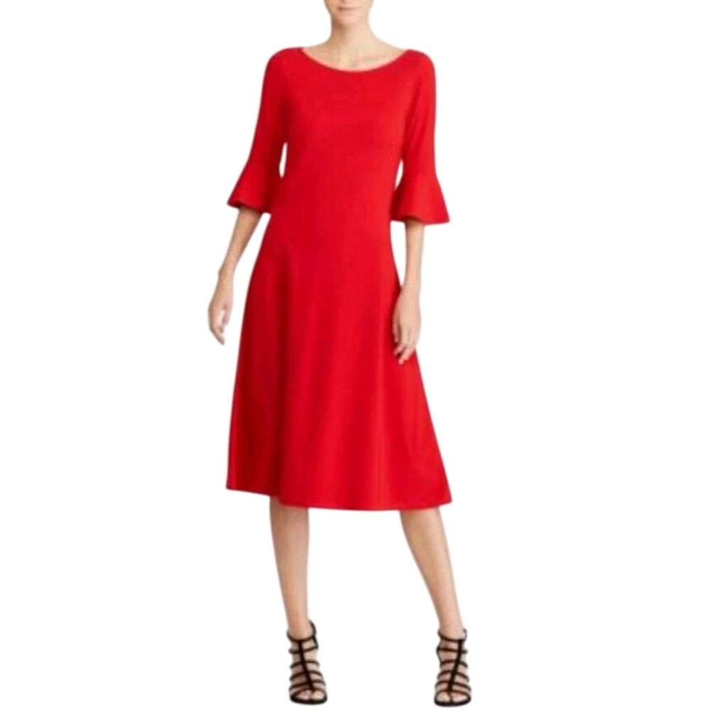 Lauren Ralph Lauren Bell Sleeve Dress Women Size M Red A-Line Knit Midi Preppy